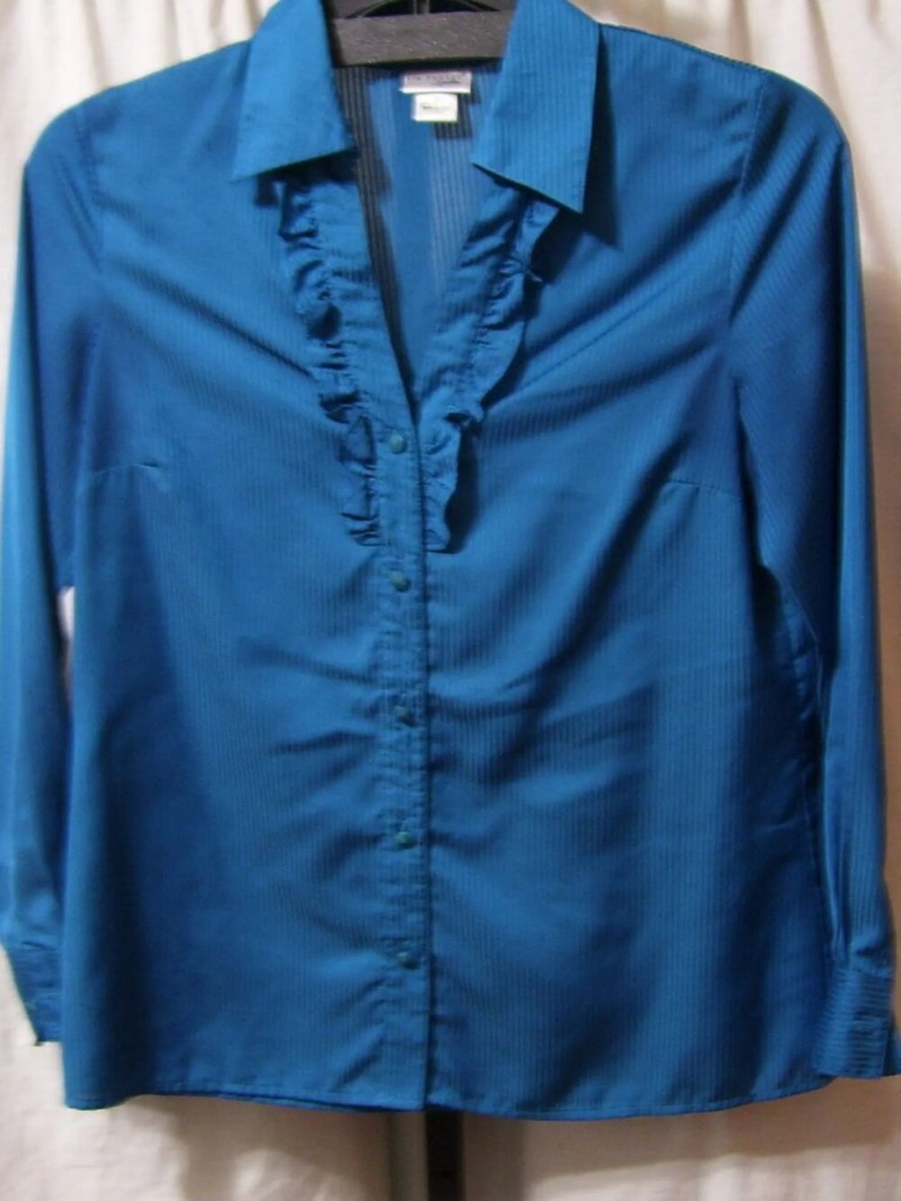Teal Blue Blouse, Classic Button Front, Long Sleeve, Ruffle Front, Kim Rogers